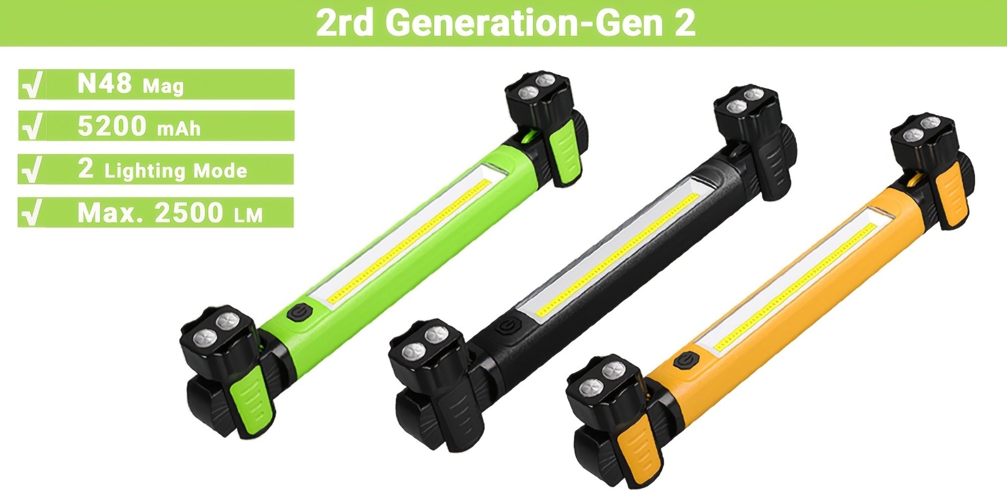 LED Work Light 2500LM Rechargeable Magnetic Underhood Inspection Light with 5200mAh Battery & Hooks ¨C Cordless Portable Work Lamp for Mechanics, Car Garage, Workshop & Emergency Use