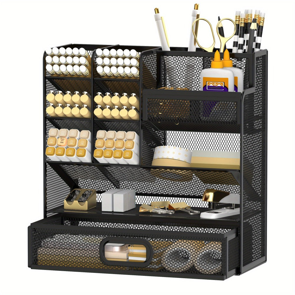 Mesh Desk Organizer with Drawer ¨C Multifunctional Desktop Pen Holder & Office Supply Organizer for Home Office, School & Art Studio ¨C Pencil Cup Caddy with Storage Compartments, Multiple Colors Available