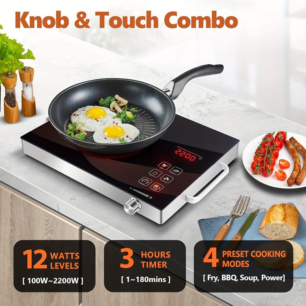 Portable Electric Induction Cooktop 2200W Ceramic Infrared Hot Plate with Adjustable Temperature & Dual Touch Rotation Control ¨C Single Burner Electric Stove for Home Dorm Cooking