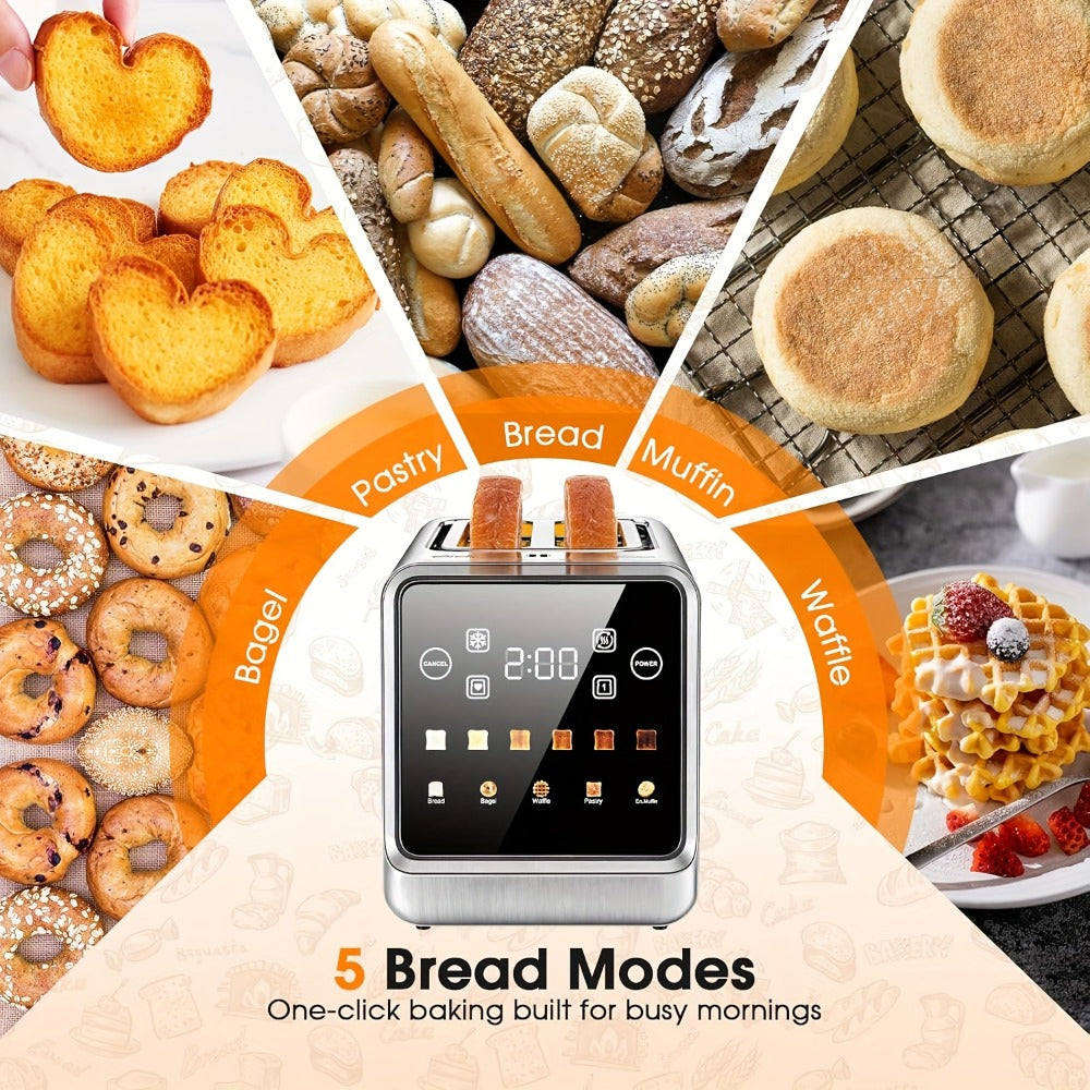 Smart Digital Toaster 2 Slice Touch Screen ¨C Stainless Steel with Memory Function, 5 Bread Types, 6 Shade Settings, 1.5-Inch Wide Slot, 900W Fast Toasting for Home Kitchen