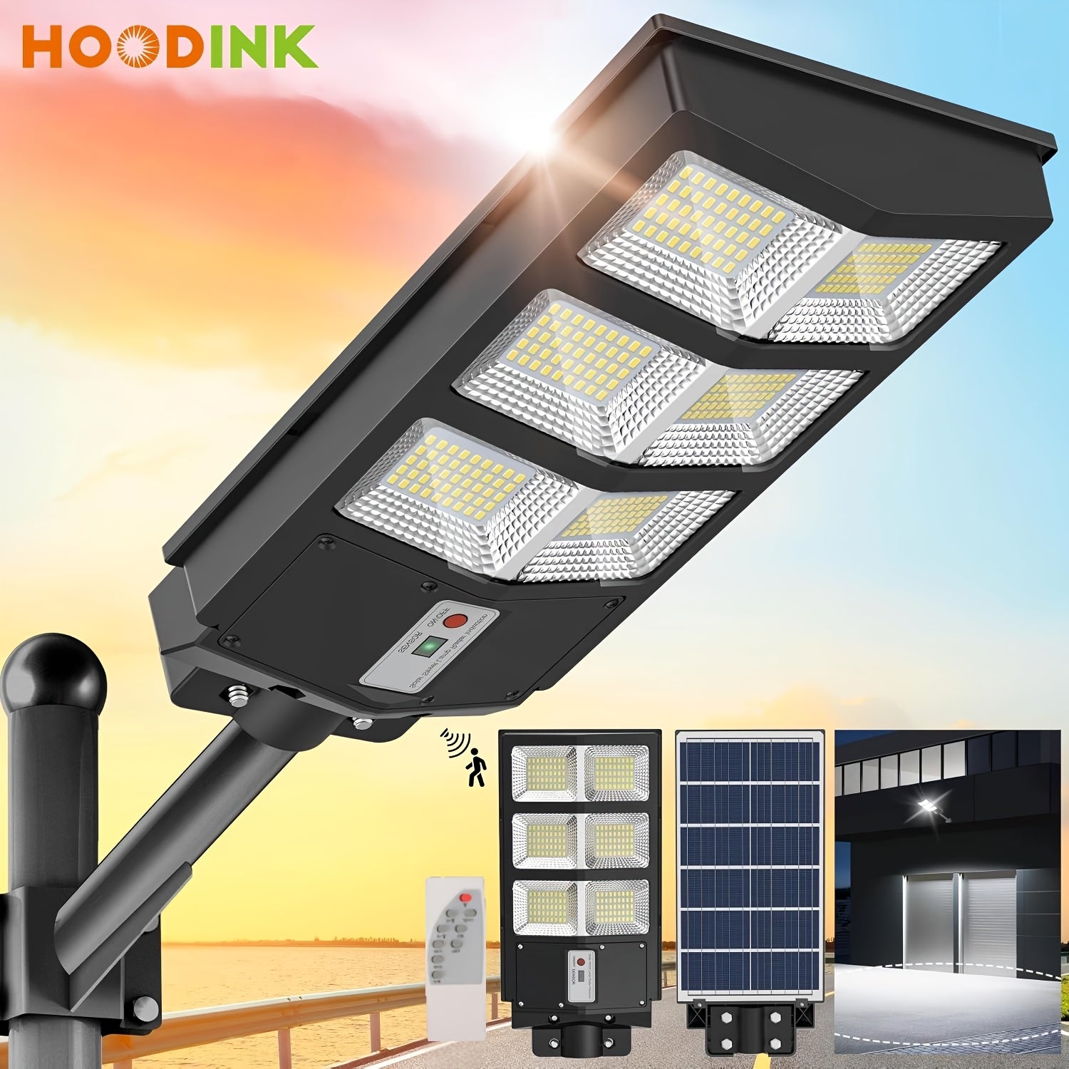 Solar Street Lights Outdoor 800 LED IP54 Waterproof with Motion Sensor ¨C 6500K Dusk to Dawn Flood Light, Remote Control, Adjustable Brightness & Timer for Parking Lot Yard Garage Driveway Rural Area