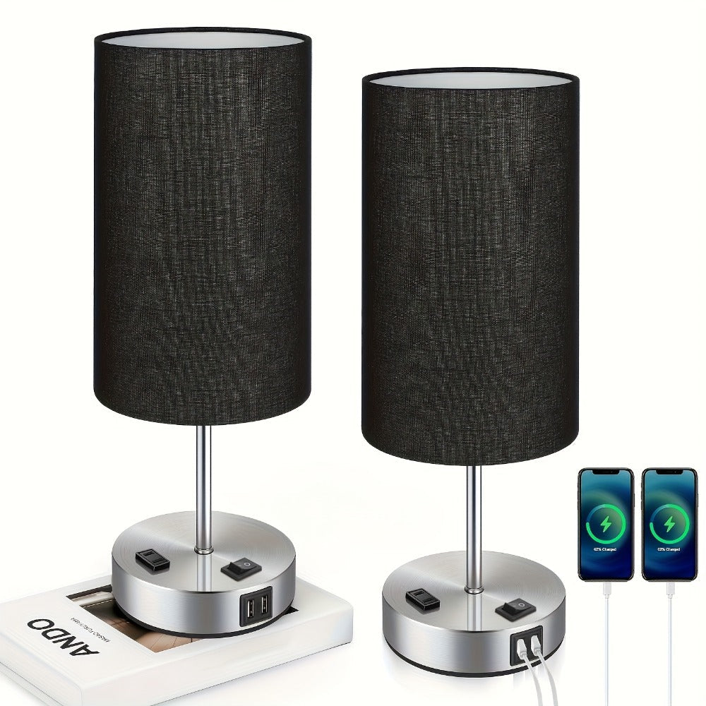 Dimmable Table Lamp with USB Charging Ports & AC Outlet - 3-Way Touch Control Bedside Nightstand Lamp, 6W LED Bulb Included, Wood & Metal Base, Modern Desk Light for Bedroom, Living Room & Office (1 or 2 Pack)