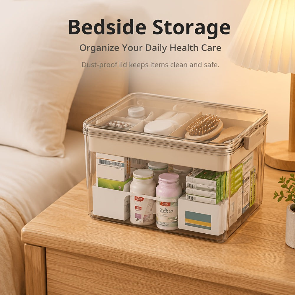 Medicine Storage Box with Handle, Multi-Layer Transparent Plastic Pill Organizer Cabinet, Portable Home Medicine Chest for Bedroom Bathroom Office Desk, Spacious Drug & First Aid Supply Organizer