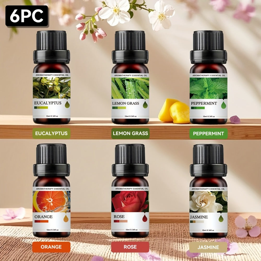 Essential Oil Set 6 Pack 0.34oz Each Floral Fruity Scents Lavender Eucalyptus Rose Jasmine Mint Orange for Diffuser Candle Humidifier Car Home Christmas Easter Gift