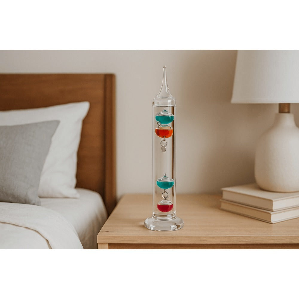 Galileo Thermometer Glass Multicolor Floating Spheres 9.5 Inch Decorative Temperature Display 16¡ãC-28¡ãC for Home Office Desk Science Decor Gift