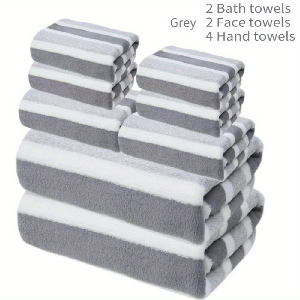 Towel Set 8 Piece Two-Color Striped - Super Absorbent Soft No Hair Loss Bath Towel Combo | 2 Bath Towels 2 Face Towels 4 Hand Towels | Grey Red Blue Green | Bathroom Family Hotel Spa Gift Set