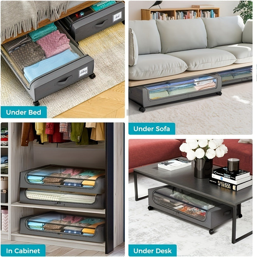 Under Bed Storage Containers with Wheels - Foldable Closet Organizer Bins with Label Holder for Clothing Blankets Shoes Comforter Pillows Bedding