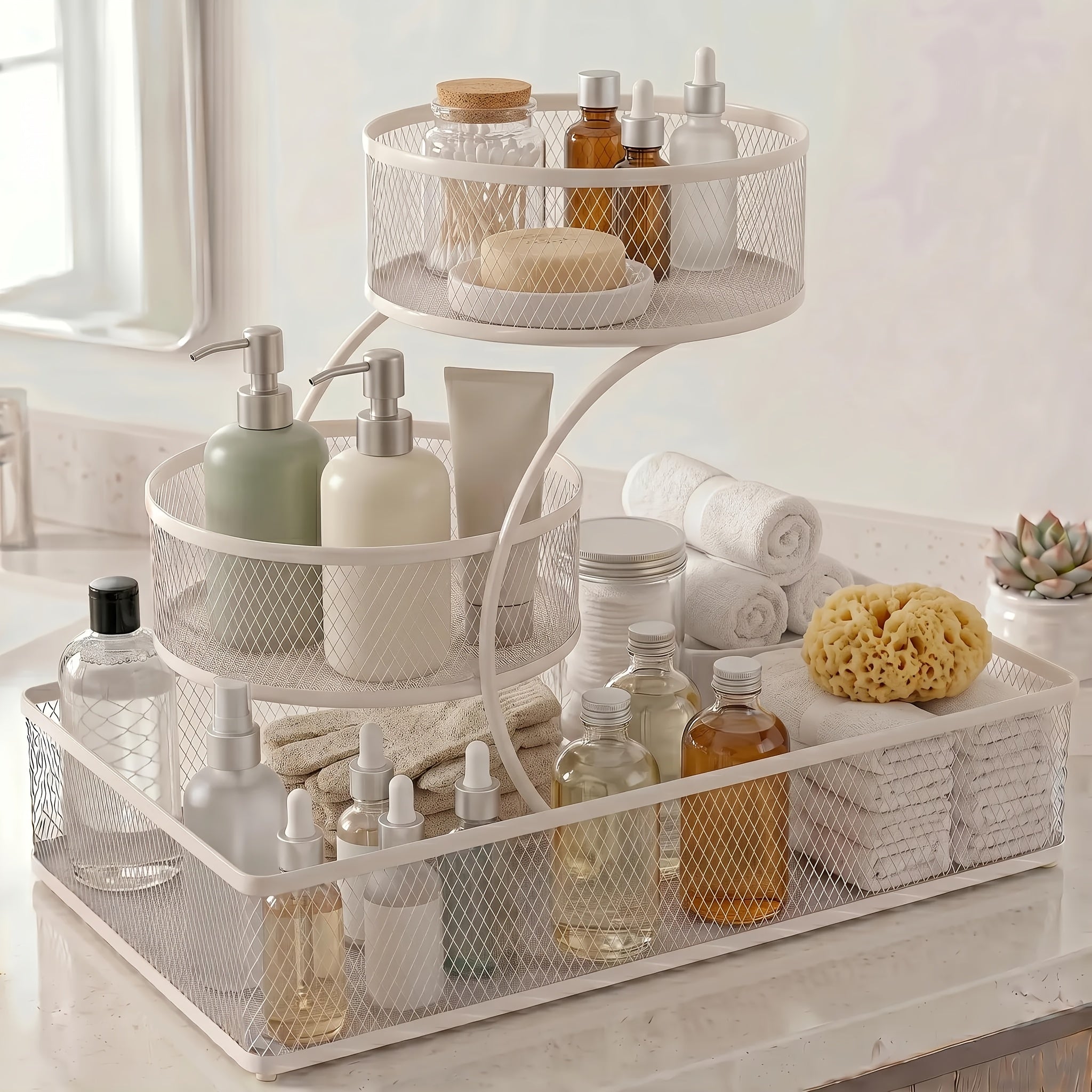 Bathroom Storage Rack 3-Tier Metal Countertop Organizer with Spray Bottle & Hooks ¨C Rust-Resistant Diamond Mesh Shelf for Vanity, Skincare, Cosmetics & Toiletries