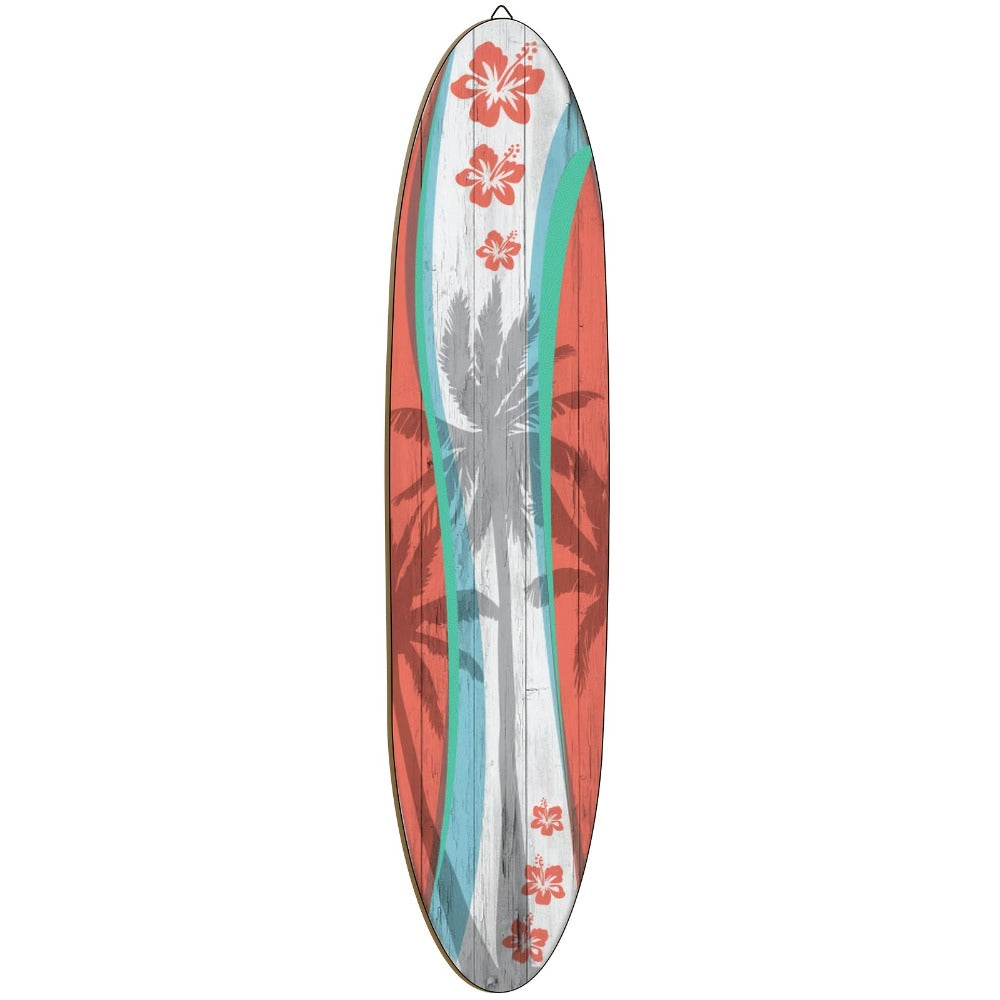 Wooden Surfboard Wall Art 15.74¡± ¨C Rustic Tropical Beach Decor with Hibiscus & Tiki Mask Design, Frameless Recycled Wood Wall Hanging for Hawaiian Bar, Home, Summer & Vacation Theme Decor