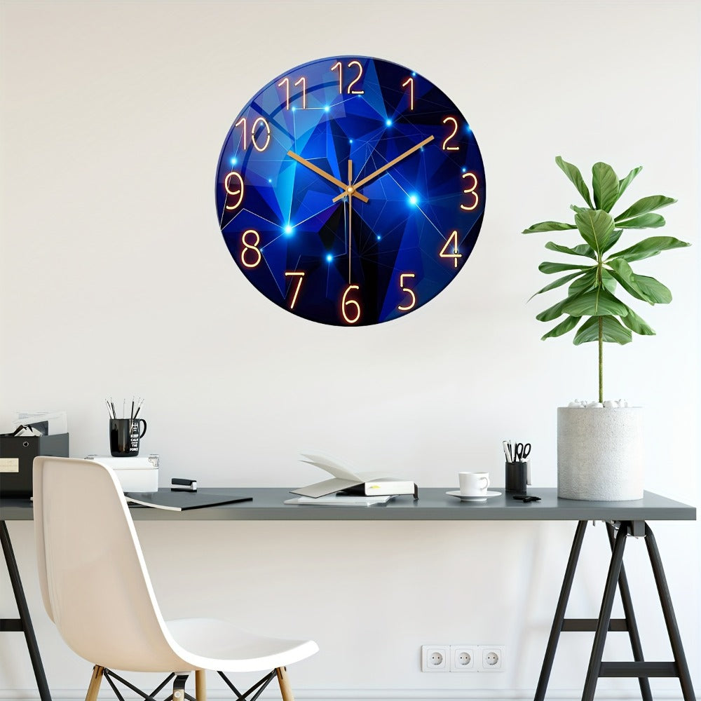 Modern Blue Glass Wall Clock Silent Non-Ticking Quartz Movement Battery Operated Tempered Glass Large Wall Clock for Living Room Bedroom Office Home Decor Gift