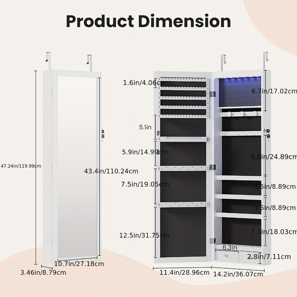 Jewelry Armoire Floor Standing 47.2¡± Full-Length Mirror Cabinet with 6 LED Lights Dual Lock, Jewelry Organizer for Necklaces Earrings Rings Bracelets, Bedroom Closet Storage 4 Colors