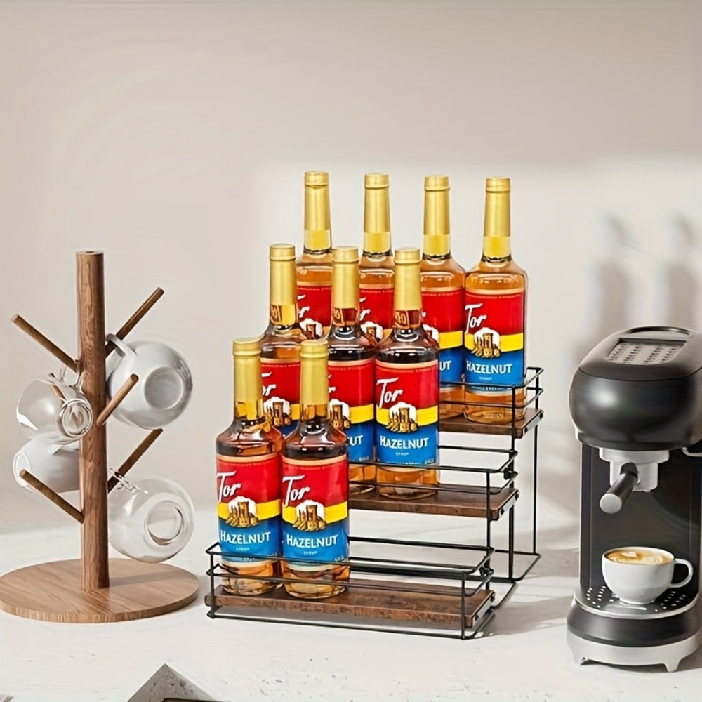 3-Tier Metal Bottle Rack Countertop Organizer ¨C No-Install Syrup Holder for Coffee Bar, Wine & Whiskey Display Stand, Holds 12 Bottles