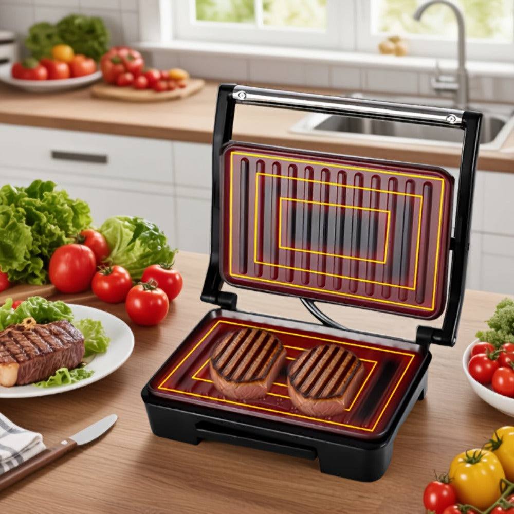Electric Panini Press Grill Double-Sided Heating Sandwich Maker Waffle Iron Steak Grill Indoor Barbecue Machine for Panini Toasts Burgers Sausages Quick Meals Home Kitchen