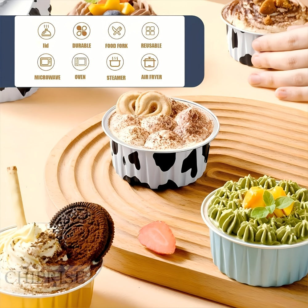 Aluminum Foil Baking Cups with Lids, Disposable Cupcake Molds with Spoons, Oven Safe Foil Dessert Cups for Pudding Muffins Mousse, Party Baking Supplies for Weddings Birthdays, 30 or 50 Sets