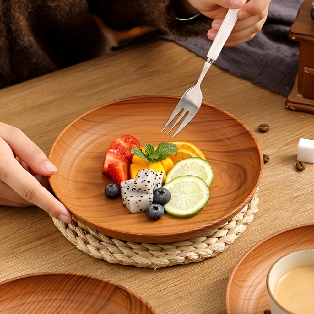 Wood Grain Plastic Dinner Plates Set of 10 - 7.8 Inch Salad Serving Plates for Kitchen Dining Table