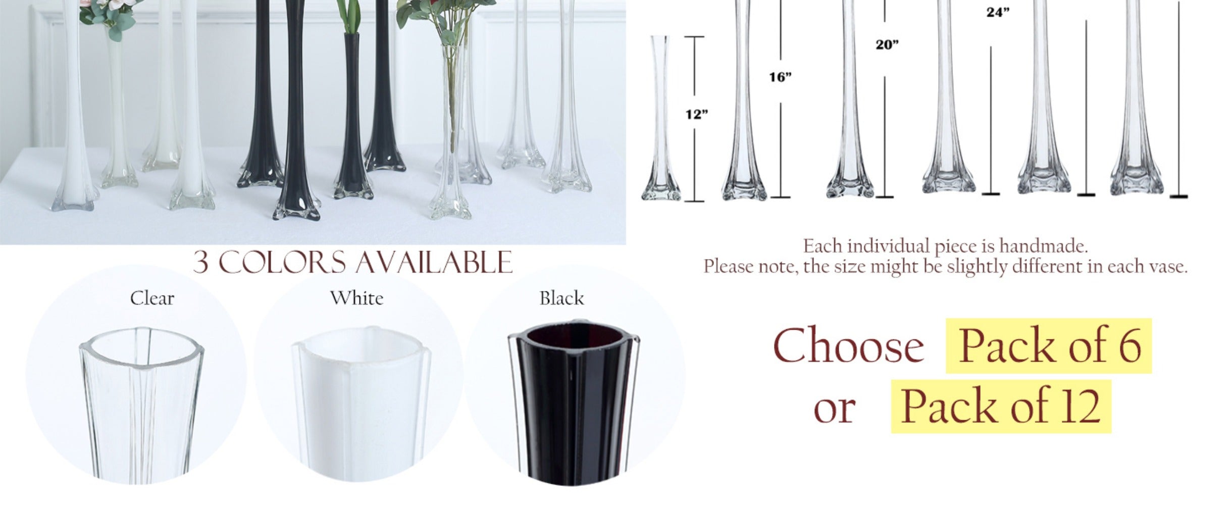 Eiffel Tower Vase Pack of 12 ¨C Tall Glass Flower Vases for Wedding Centerpiece, Event Table Decor, Floral Arrangements & Party Decoration, Clear Black White, 12¡± 16¡± 20¡± 24¡± Sizes