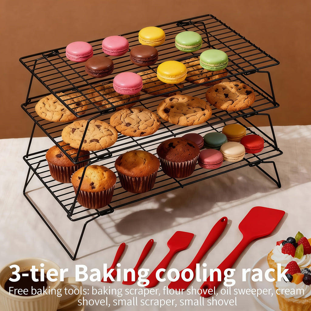 Foldable Cooling Rack Set ¨C Stackable Oven Cookie Cake Drying Rack with Free Baking Tools (Silicone Spatula, Egg Beater, Tongs, Brush) | 3/4/5 Tier Options for Kitchen, Camping & Holiday Baking
