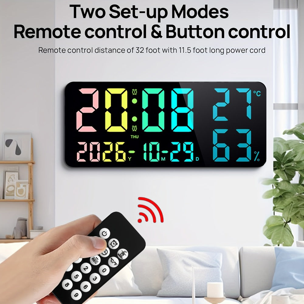 Digital Wall Clock 14.6 Inch Large LED Display with Remote Control - 12 RGB Color Modes, Dual Alarm, Night Light, Temperature, Humidity & Date | Smart Home Decor for Living Room, Bedroom & Elderly