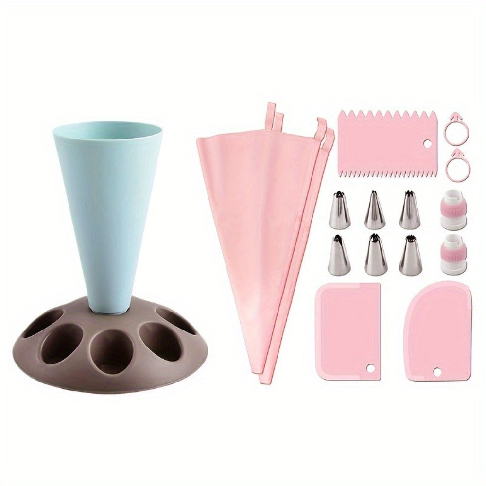 Piping Bag Holder Set 17pcs, Multi-Bag Icing Stand with Various Nozzle Tips for Cake Decorating, Cupcake Frosting, Cookie Decorating, Baking Accessories for Professional and Home Bakers