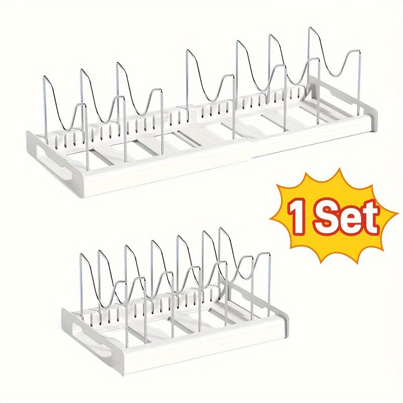 Pots and Pans Organizer Rack Adjustable Expandable - Metal Bakeware Organizer with Dividers, Pot Lid Holder for Under Cabinet & Kitchen Cabinet Storage, Holds Pots, Pans, Lids & Bakeware, White