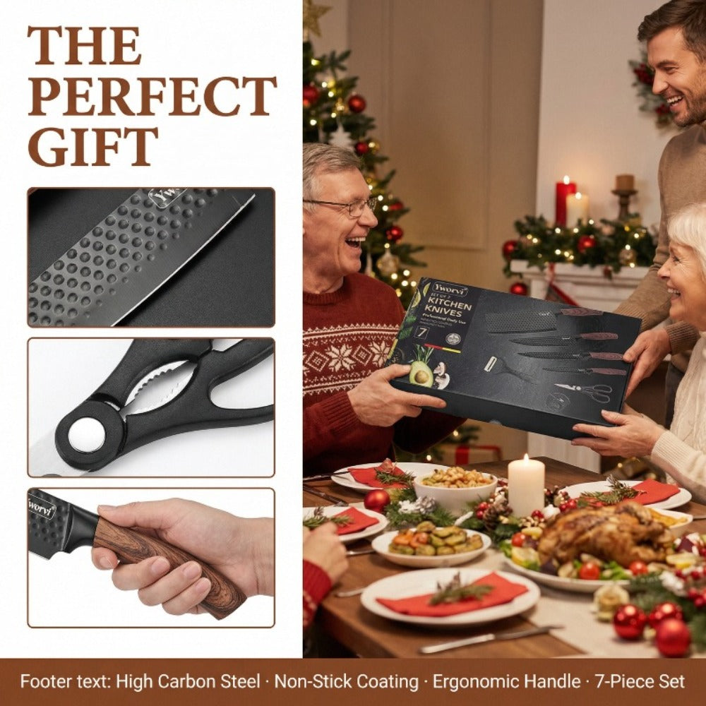 Chef Knife Set 7 Piece High Carbon Stainless Steel Ultra Sharp ¨C Anti-Stick Ergonomic PP Handle, Includes Slicing Knife, Scraper, Scissors & Whetstone, Gift Box for Home, Family & Travel