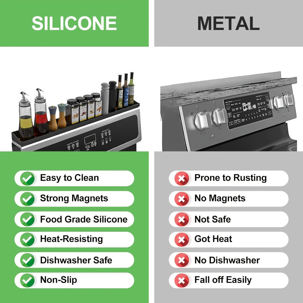 Magnetic Stove Top Shelf Organizer Silicone Spice Rack 30 Inch Heat Resistant Flexible Over Oven Kitchen Storage Organizer Strong Magnetic Mount Black