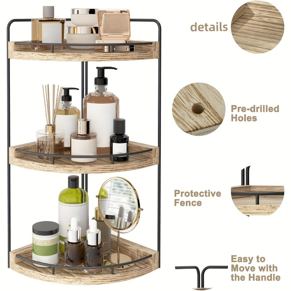 3-Layer Rustic Corner Countertop Storage Rack ¨C 16.93¡± Wooden Vanity Organizer & Space-Saving Shelf for Bathroom, Kitchen & Bedroom ¨C Farmhouse Corner Shelf for Countertop Display & Organization