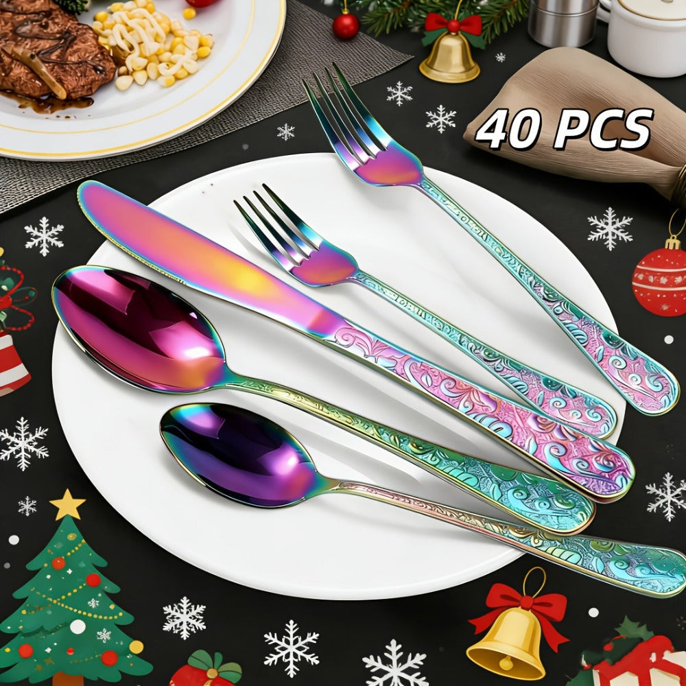 Flatware Set Stainless Steel Vintage Carved Cutlery Set Knife Fork Spoon Dishwasher Safe for Family Gatherings Holiday Parties Kitchen Decor
