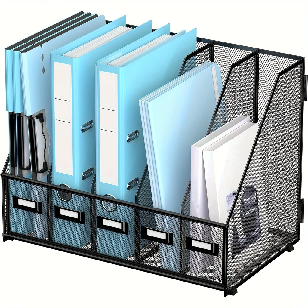 Metal Desk File Organizer 5 Vertical Compartments Magazine Holder Desktop File Rack for Office Home Workspace Document Sorter Letter Tray Paper Storage