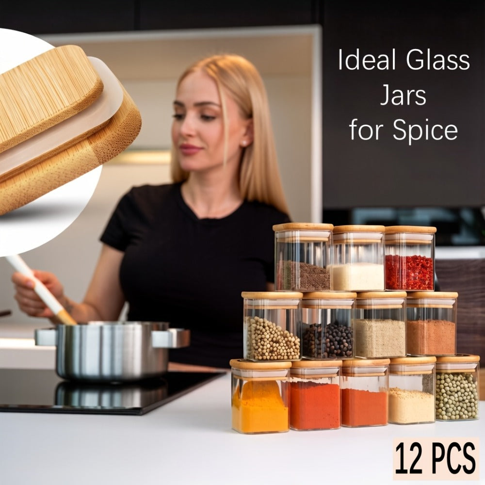 Spice Glass Jars Set with Labels 12pcs, Square Glass Spice Jars with Bamboo Lids, Sticker Labels, 5oz 7oz 9oz Food Storage Containers
