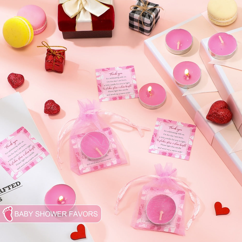 Tealight Candles Party Favor Sets 50 Pack with Gift Bags and Cards - Unscented Paraffin Wax Tea Lights Bulk Set for Weddings Birthdays Baby Showers Pink
