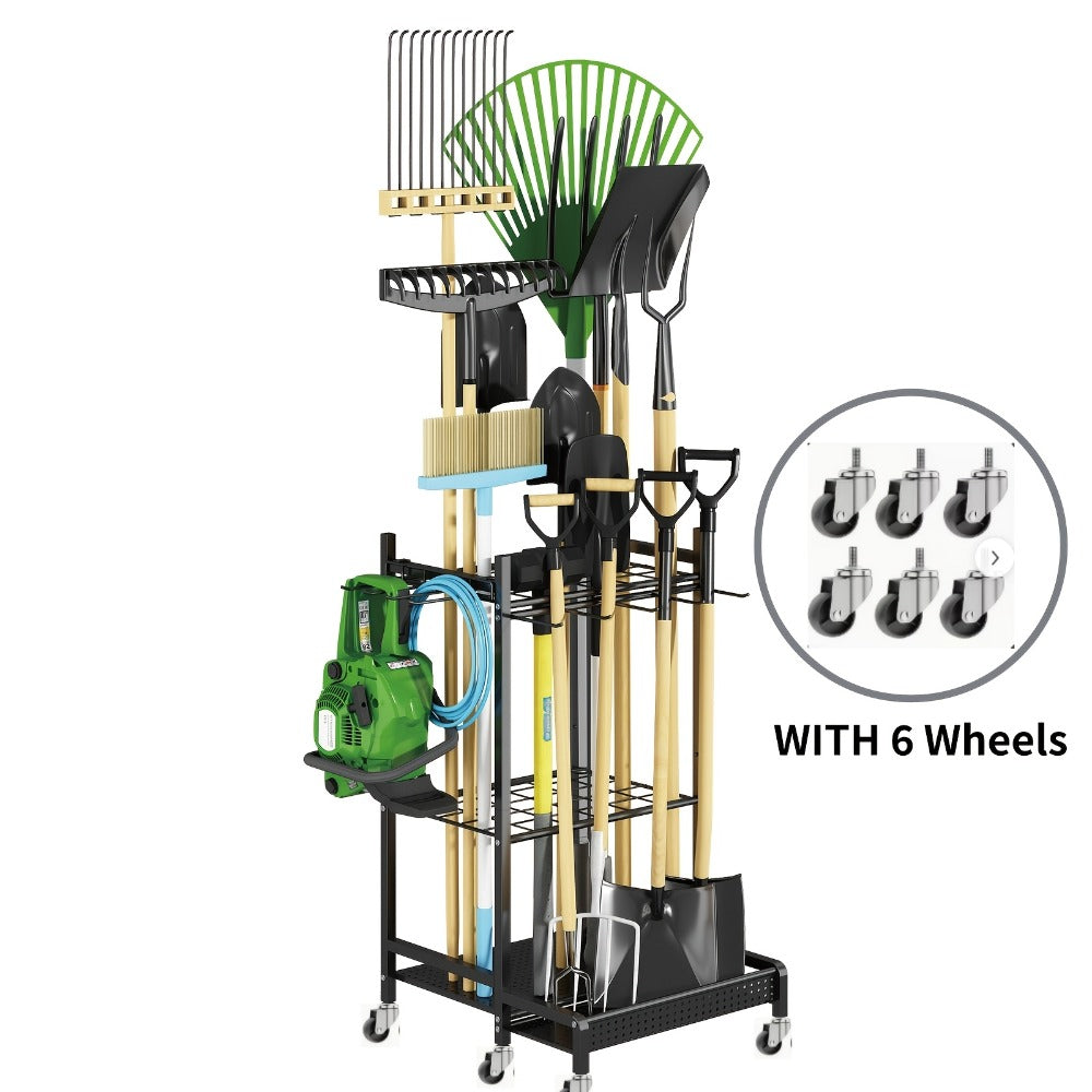 Garden Tool Organizer for Garage ¨C Metal Yard Tool Storage Rack with Hooks & Wheels for Long-Handled Tools, Broom, Shovel, Rake, Mop ¨C Heavy Duty Freestanding Tool Stand Holder, Black