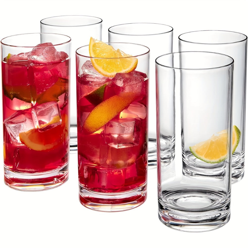 Highball Glass Cups Set of 6 - Thick Bottom Lead-Free Glassware for Juice, Milk & Drinks, Heavy Base Stability, Modern Minimalist Drinkware for Home, Parties & Breakfast