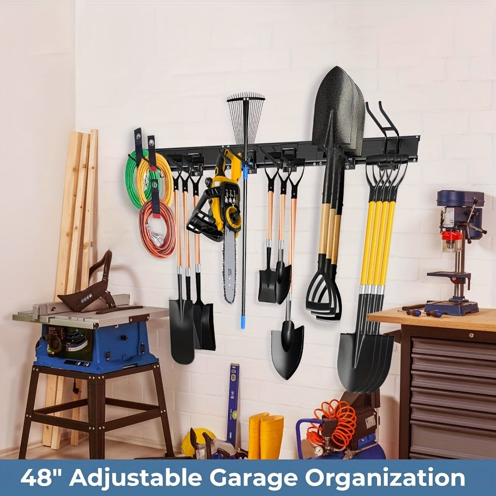 Garage Tool Organizer Wall Mount 48¡± ¨C Heavy Duty Pegboard with Adjustable Swivel Hooks, 1 Double Hook & 5 Straight Hooks, Holds 420lbs, Broom Holder for Yard Tools, Shovels, Hoses & Garden Equipment