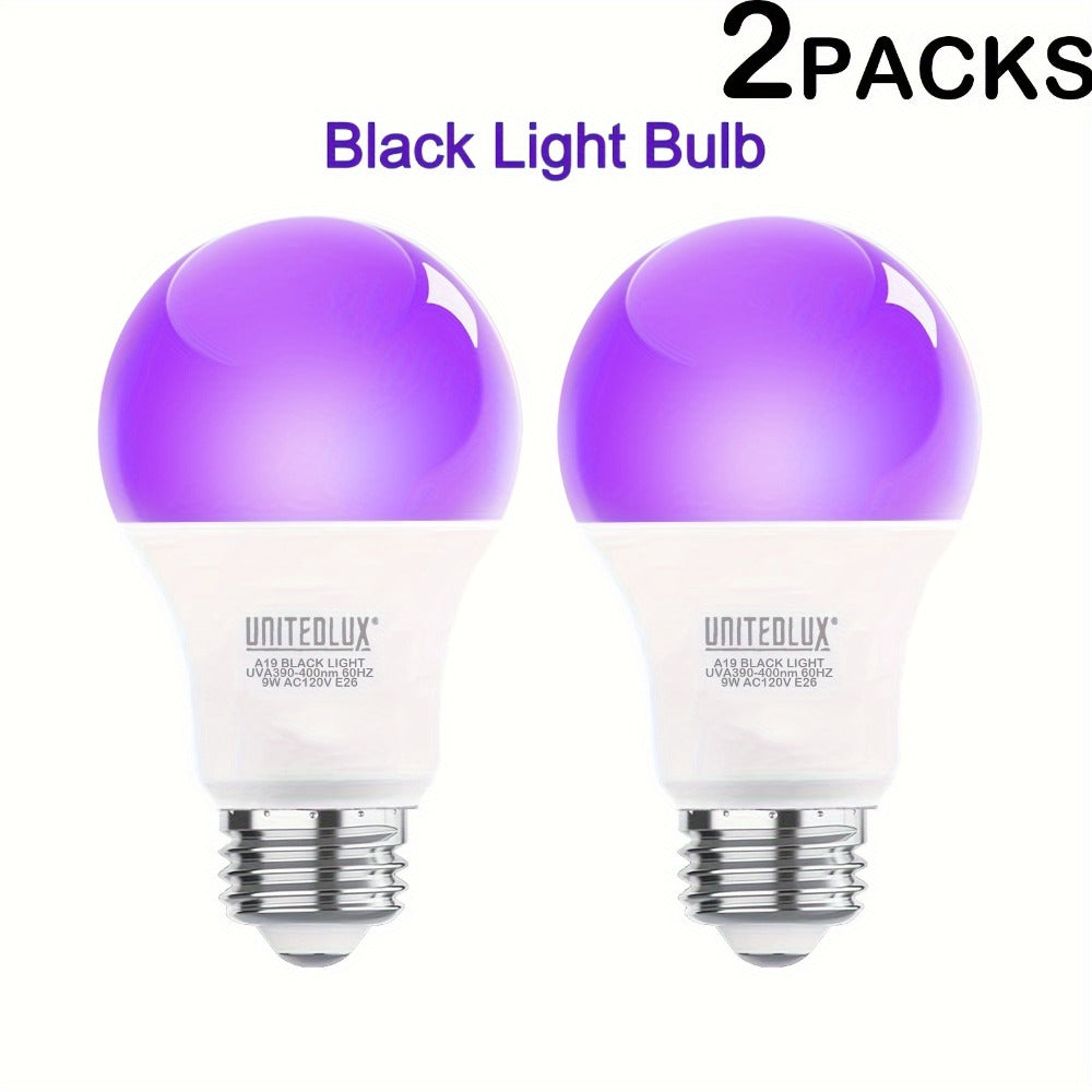 Black Light Bulbs 6 Pack A19 E26 LED UV Bulbs 9W 60W Equivalent 390-400nm UVA Glow in the Dark for Party Neon Poster Body Art Halloween Indoor Use 120V Shatterproof