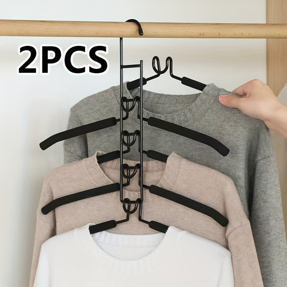 Space Saving Hangers 5-in-1 Multi-Layer Metal Closet Organizer | Heavy Duty Non-Slip Foam Pads | 2 Pack Clothes Hanger for Coats Sweaters Suits T-Shirts Closet Space Saver