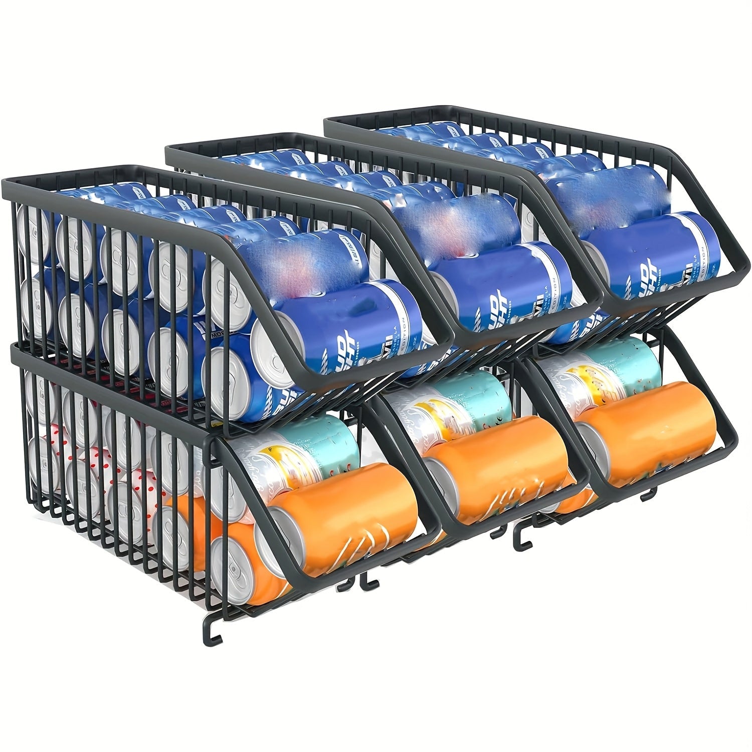 Stackable Can Organizer for Refrigerator 6-Pack | Metal Soda Can Holder Dispenser Storage Rack for Kitchen Pantry Cabinet Countertop, Black