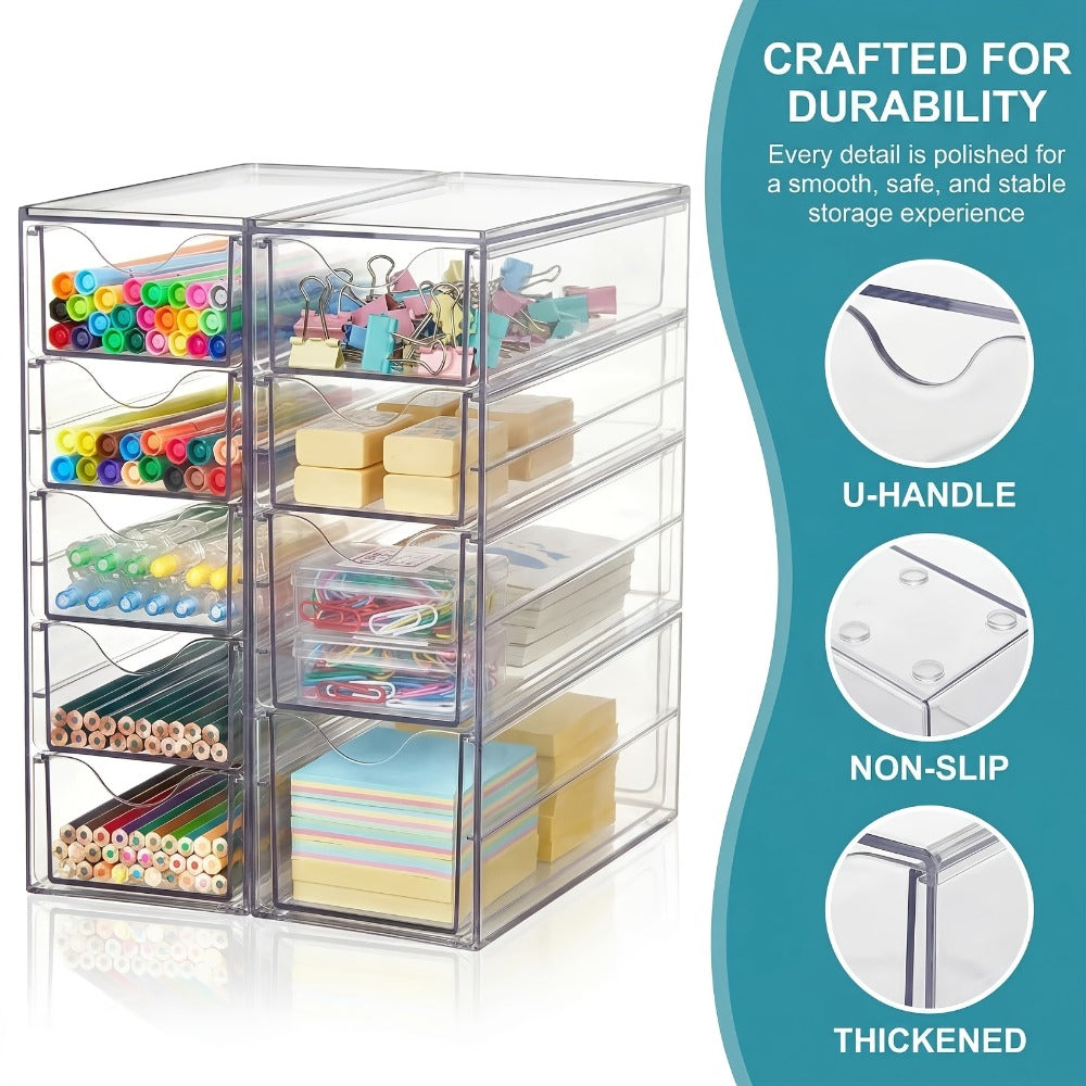 Clear Acrylic Drawer Organizer with 8 or 16 Drawers - Stackable Desktop Storage for Makeup, Jewelry, Office Supplies & Art Crafts, Modular Desk Organizer Set for Home & Office