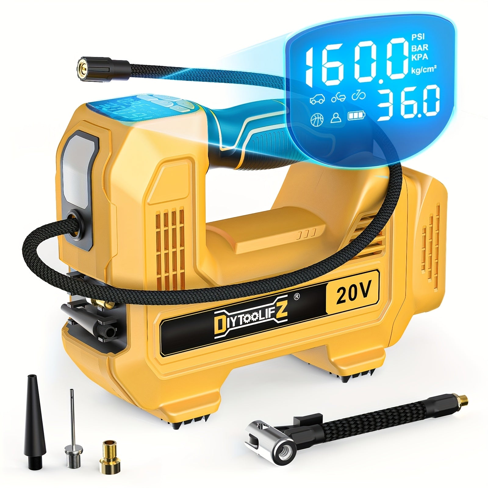 Cordless Tire Inflator 160PSI Portable Air Compressor Compatible with DeWalt 20V / 18V Battery ¨C Digital Pressure Gauge, Fast Inflation for Cars, Motorcycles, Bicycles & Sports Balls (Battery Not Included)