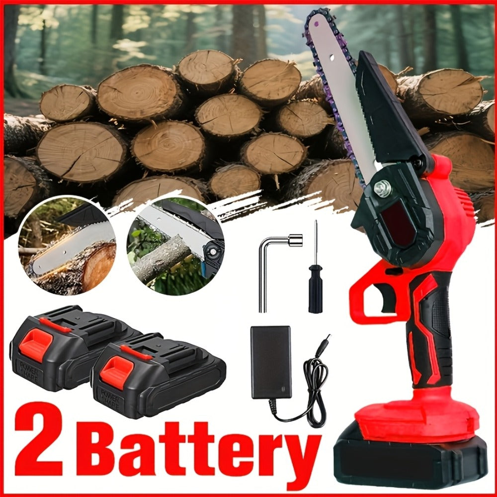 Cordless Mini Chainsaw 6 Inch with 2 Batteries & Charger | Auto Chain Tensioning Auto Lubrication Handheld Electric Saw | Branch Yard Home Garden Cutting Father's Day Gift