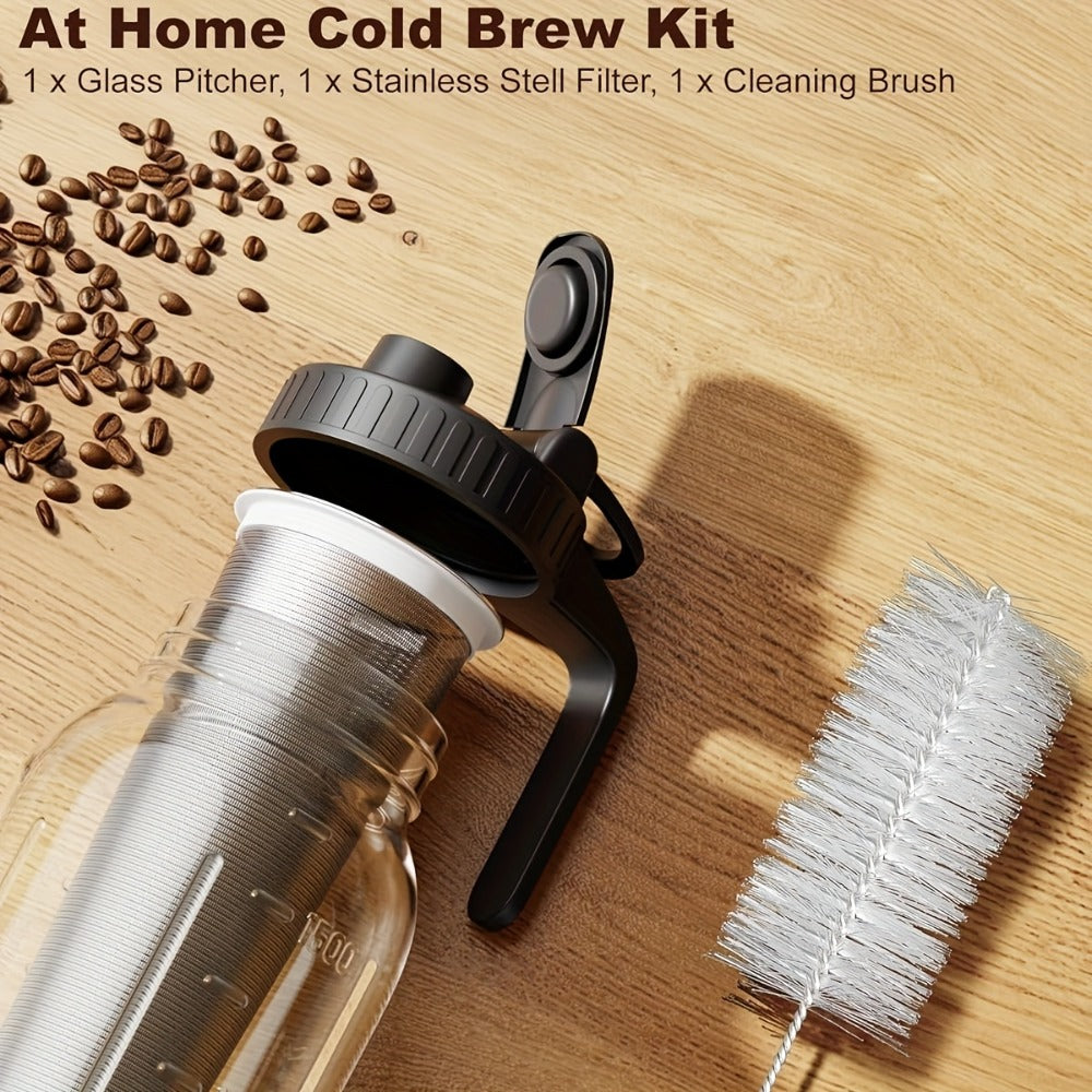 Cold Brew Coffee Pot Set with Stainless Steel Filters & Cleaning Brush - 32oz Glass Mason Jar Cold Brew Maker for Home, Kitchen & Restaurant, Multi-Serve Cold Brew Pitcher Set for Family & Entertaining