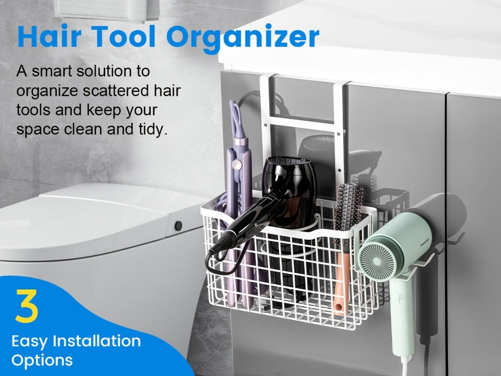 Hair Tool Organizer Wall Mounted Holder for Hair Dryer Curling Iron Straightener 3 Adjustable Heights Bathroom Storage