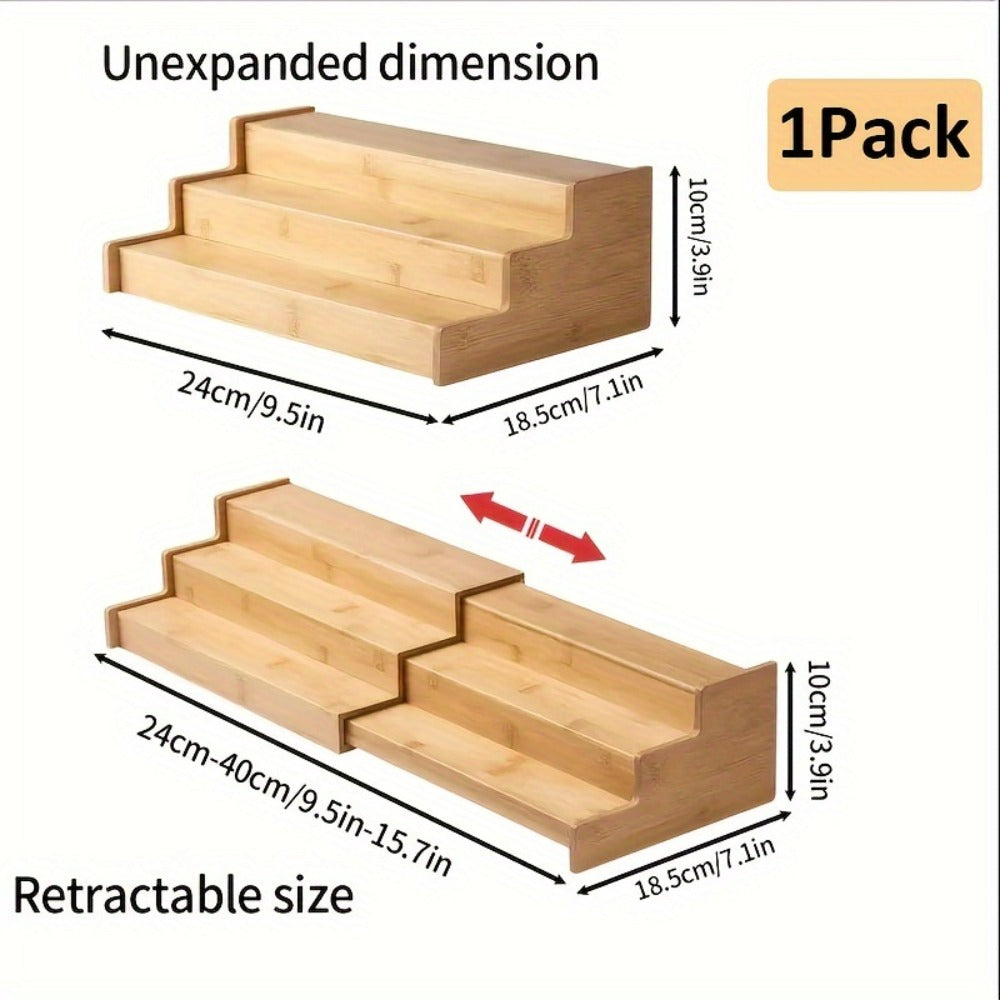 Bamboo Spice Rack Expandable 3-Tier Ladder Rack for Kitchen Cabinet Countertop Storage Organizer Pantry Shelf Display Stand for Spices Jars Bottles