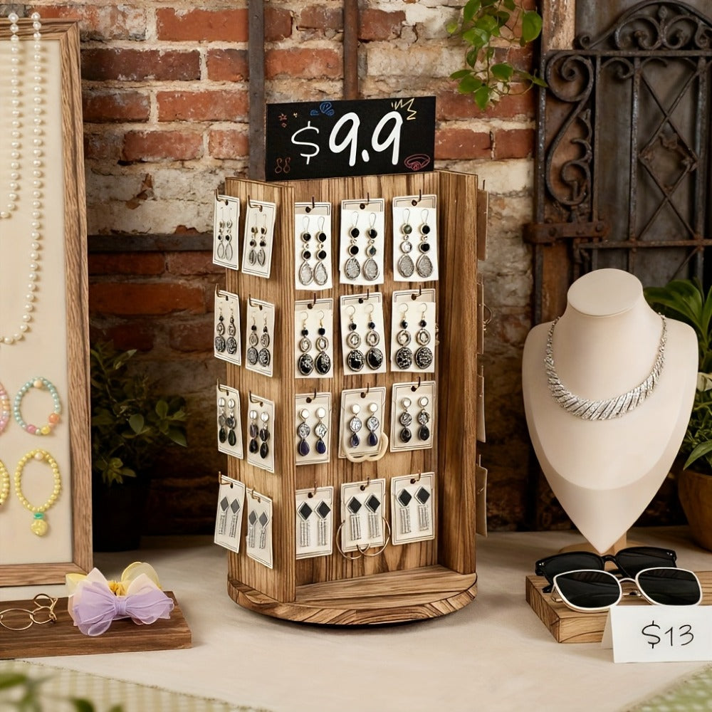 Rotating Earring Display Stand - 40-Hook Jewelry Organizer Tower, Tabletop Rack Holder with Advertising Board, Space-Saving Jewelry Storage for Earrings, Necklaces & Small Accessories