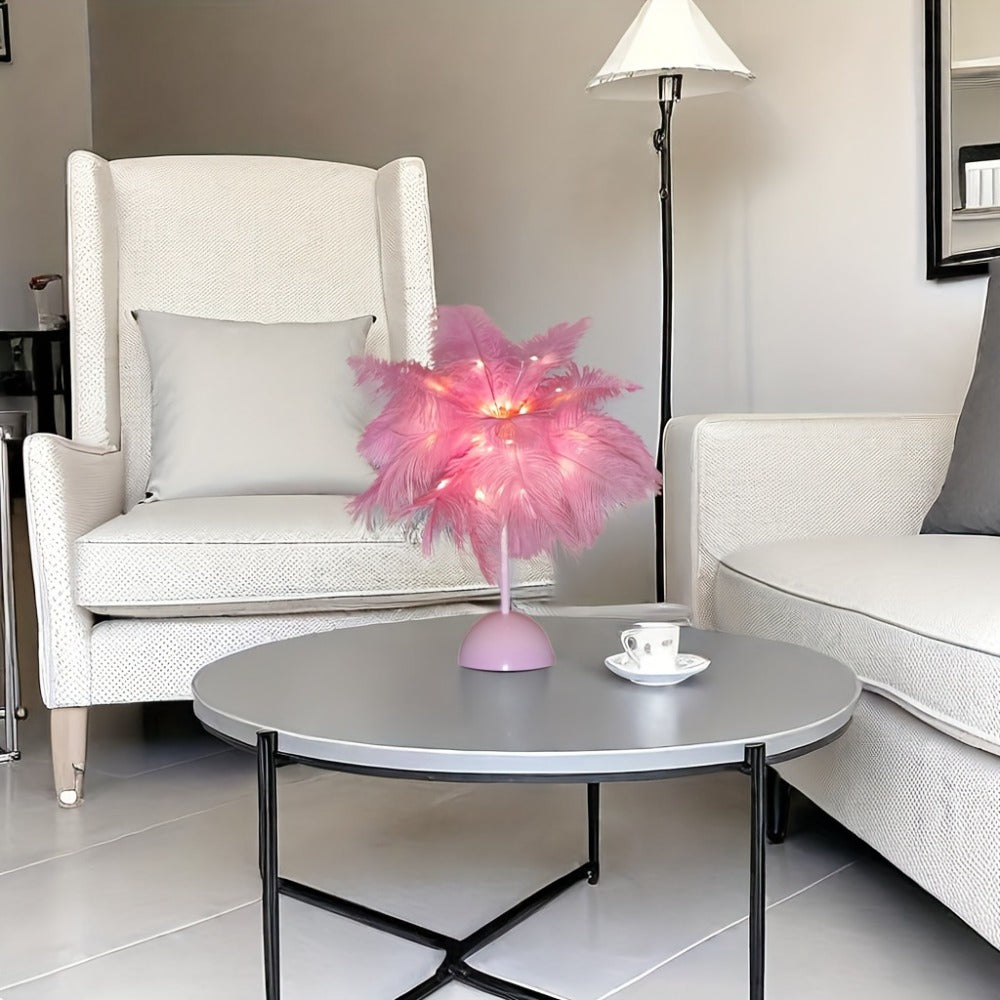 Feather LED Table Lamp ¨C 40-Head Copper Wire Night Light, Romantic Atmosphere Lamp for Bedroom Living Room, Cute Desk Decor Light for Birthday Valentine's Day Gift (White / Pink, 1pc / 2pcs)