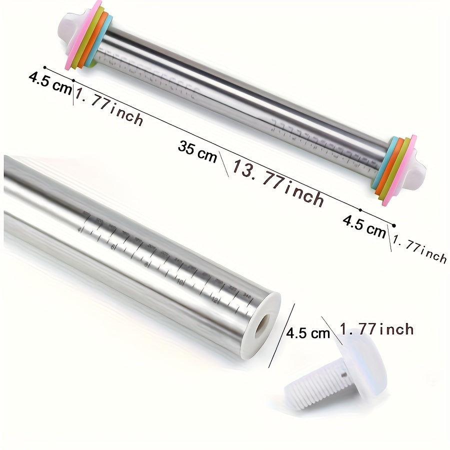 Stainless Steel Rolling Pin with Adjustable Thickness Rings Dough Roller for Baking Pizza Cookies Pastry 430 Grade Non-Stick Heavy Duty Kitchen Baking Tool