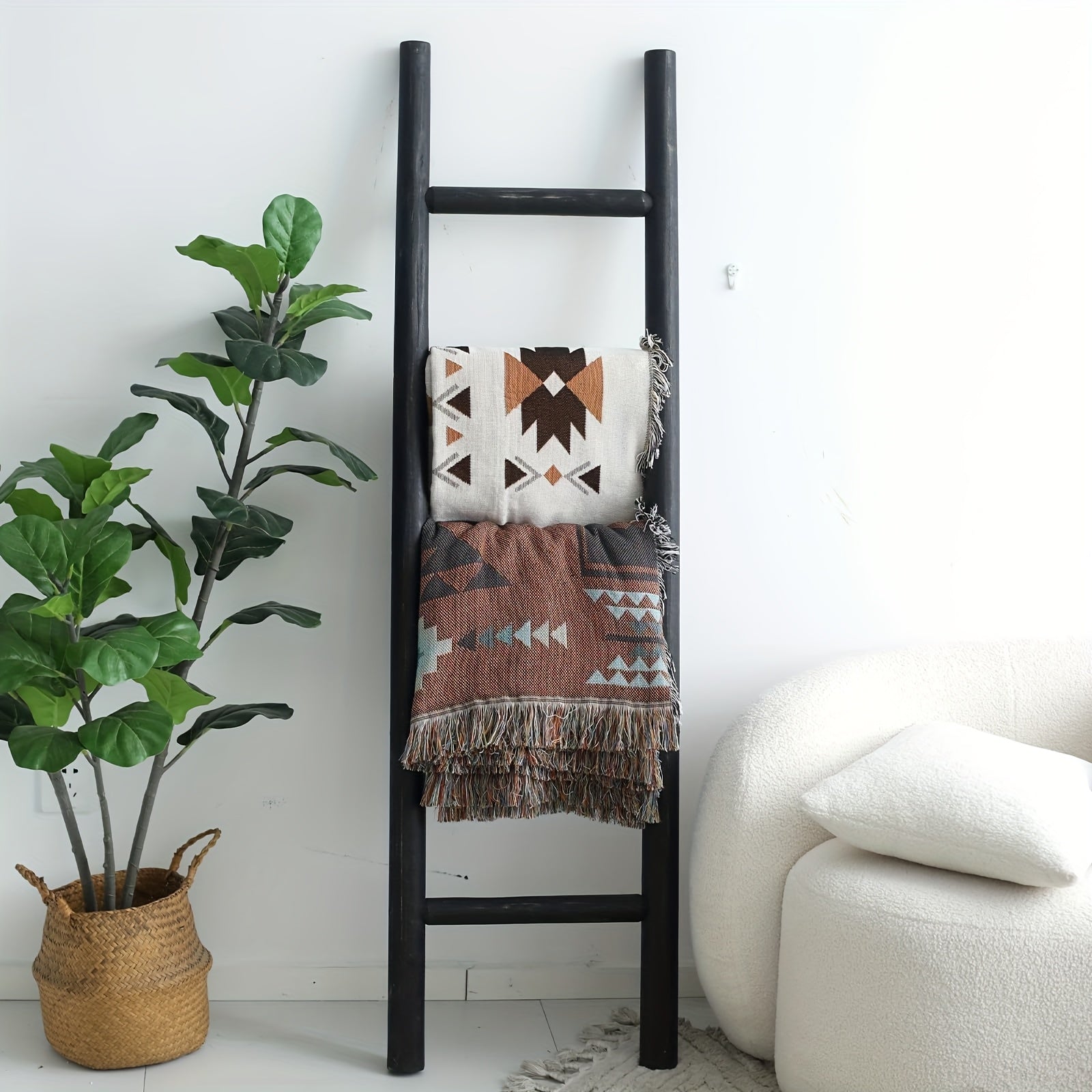 Blanket Ladder 57 Inch Wood Freestanding Farmhouse Quilt & Towel Display Rack - Rustic Wooden Wall Leaning Holder for Living Room, Bedroom & Bathroom Decor, Available in Brown, Black & White