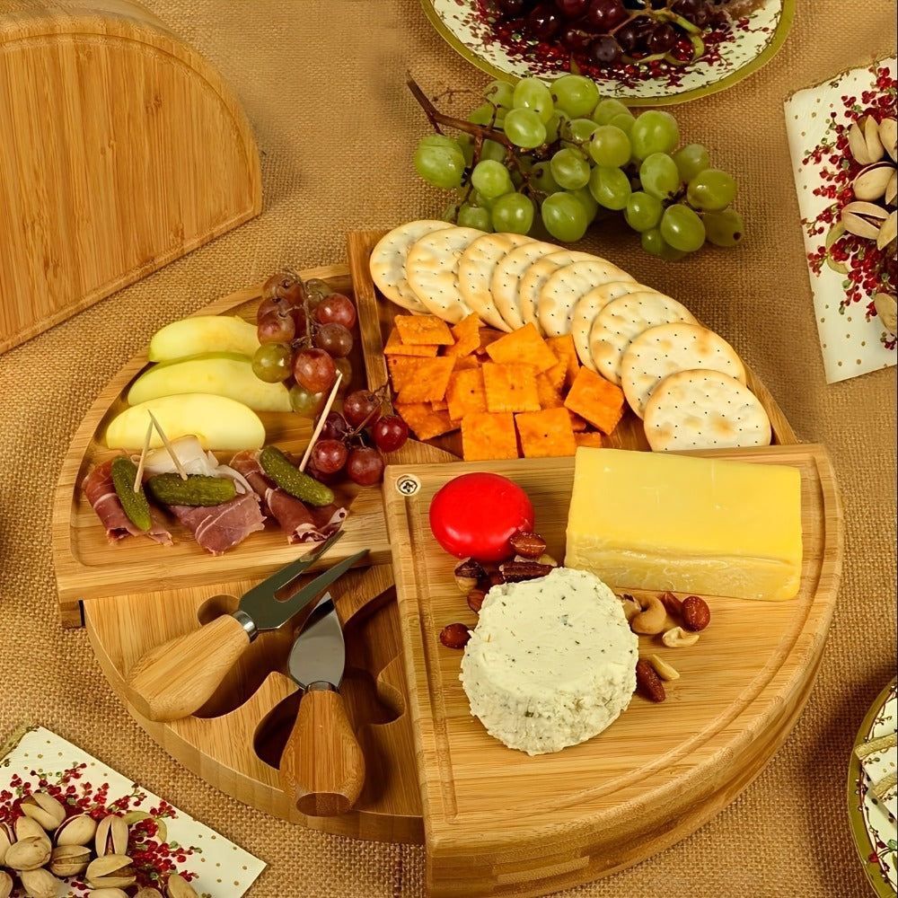 Bamboo Cheese Board Set with 2 Knives - Wood Charcuterie Platter Pizza Board Fruit Snack Serving Tray for Entertaining Housewarming Wedding Gift