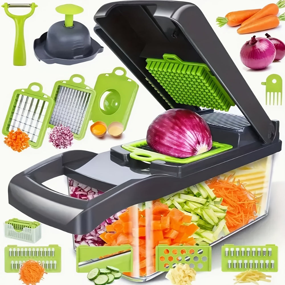16-in-1 Vegetable Chopper Set with 8 Interchangeable Blades, Manual Food Chopper with Container, Peeler & Filter for Onion, Garlic, Carrot ¨C Kitchen Prep Tool