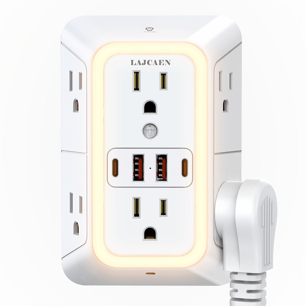 Outlet Splitter Wall Expander 10-in-1 with 6 AC Outlets 2 USB-A 2 USB-C Ports 3-Sided Plug Extender Surge Protector Night Light Compact Space-Saving Design for Home Dorm Apartment Office